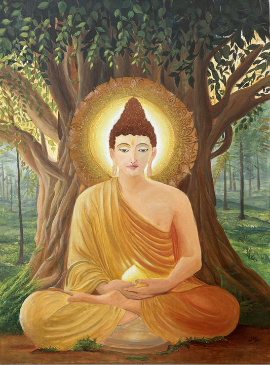 Original Painting of Buddha under a bodhi tree with a serene expression. Beneath Stillness – Buddha meditation painting beneath a tree with golden light by Hitika Puri