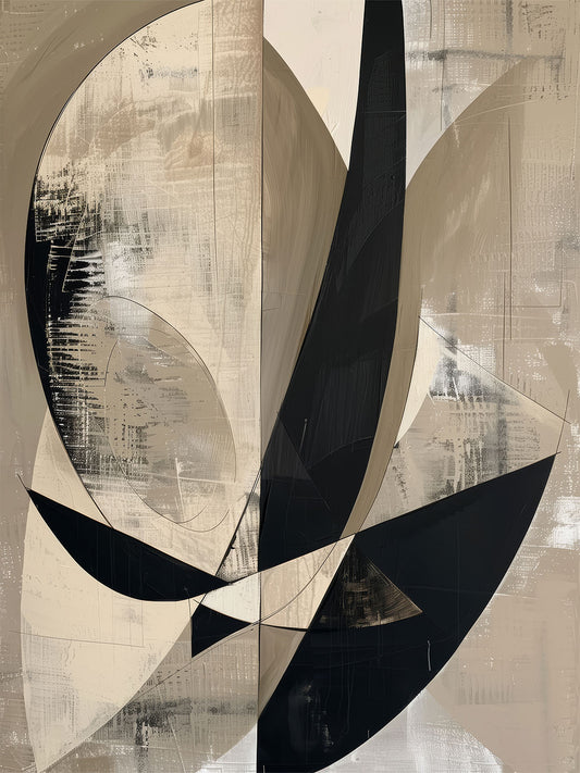 Bent Monolith – abstract minimalist artwork with bold black curved shapes on beige background, available on ArtixHub