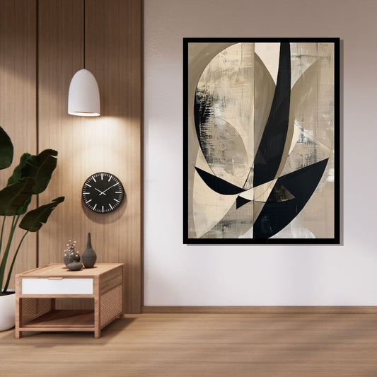 Bent Monolith – abstract minimalist artwork with bold black curved shapes on beige background, available on ArtixHub