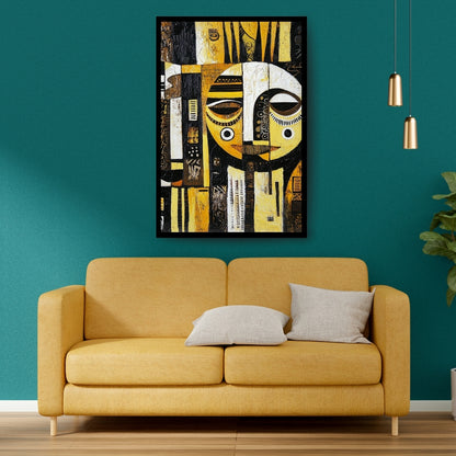 Between Realms – African abstract figurative painting in black, white, and golden yellow by artist Amina Diallo