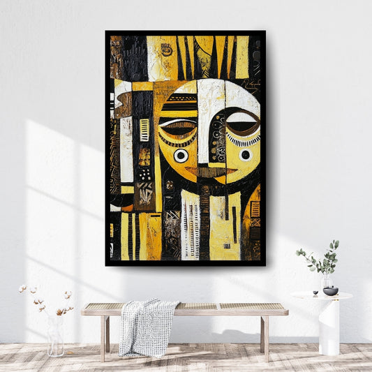 Between Realms – African abstract figurative painting in black, white, and golden yellow by artist Amina Diallo