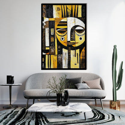 Between Realms – African abstract figurative painting in black, white, and golden yellow by artist Amina Diallo