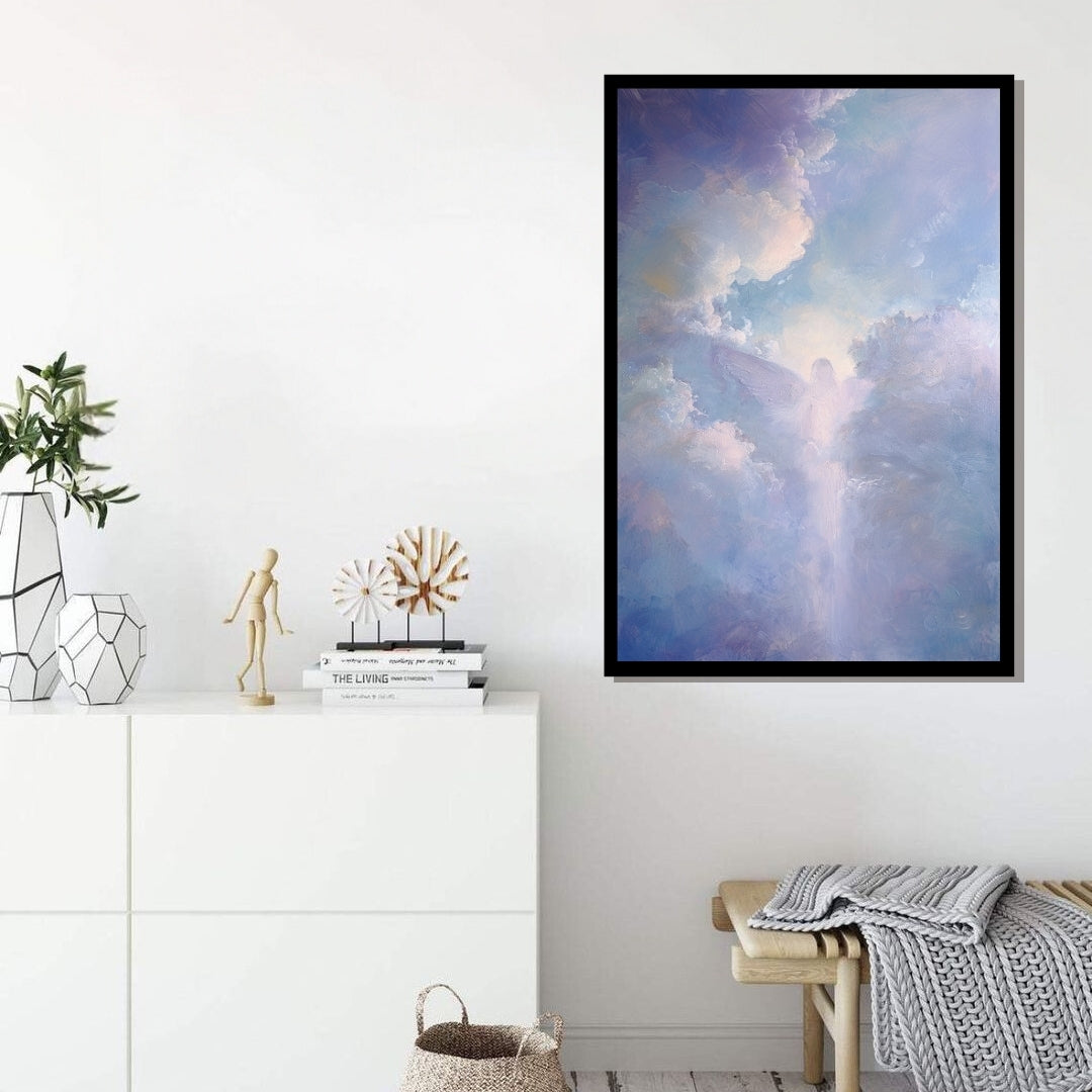 Beyond the Astral Tide – surreal painting of angelic figure emerging through dreamy pastel clouds and glowing light, available on ArtixHub