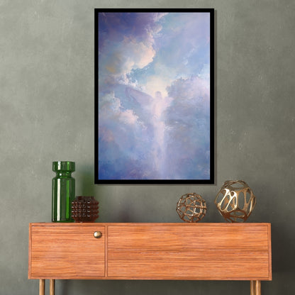 Beyond the Astral Tide – surreal painting of angelic figure emerging through dreamy pastel clouds and glowing light, available on ArtixHub