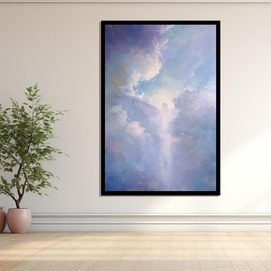 Beyond the Astral Tide – surreal painting of angelic figure emerging through dreamy pastel clouds and glowing light, available on ArtixHub