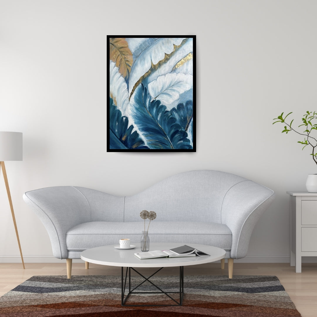 Original painting by Hitika Puri - Artistic depiction of leaves with gold accents on a blue and white background