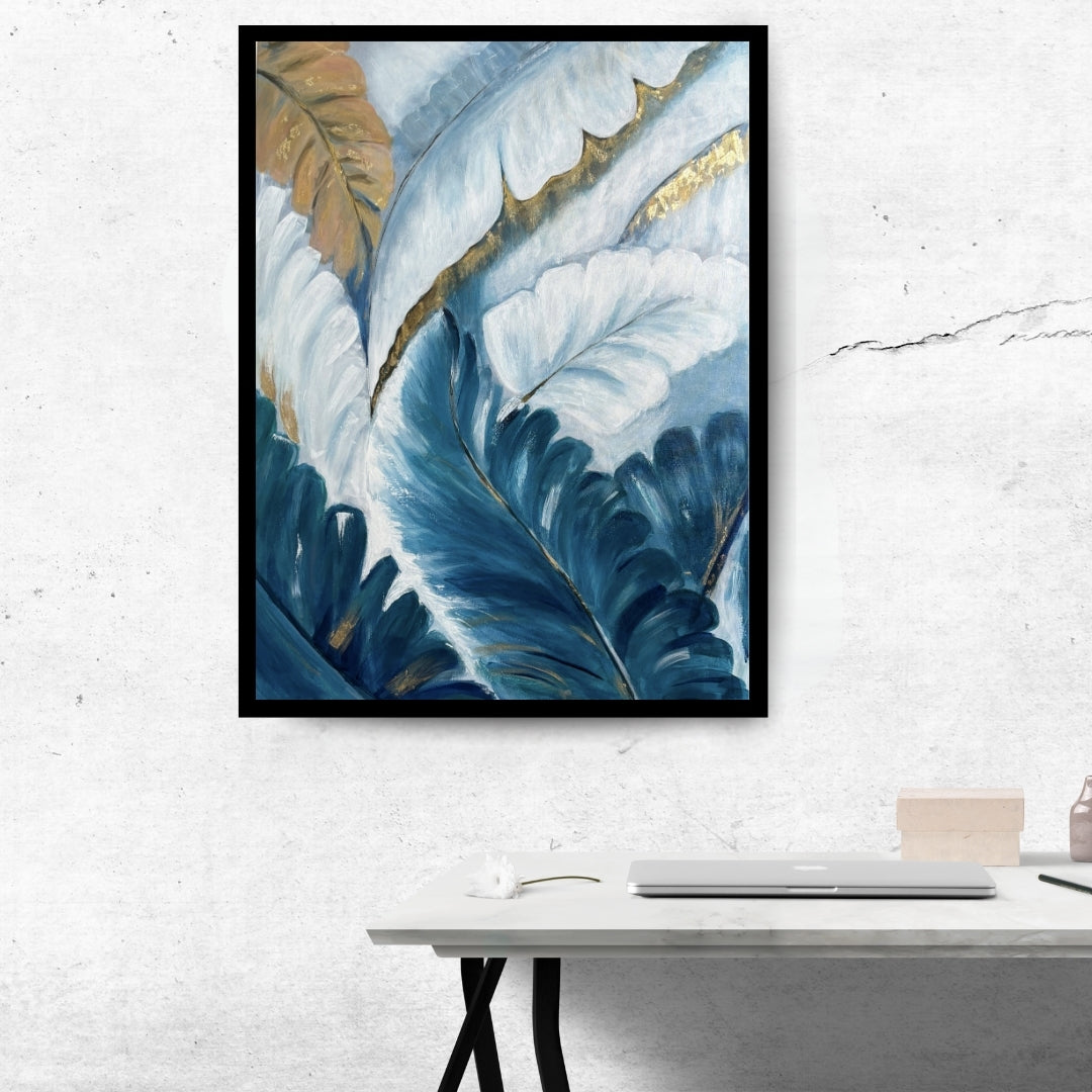 Original hand-painted artwork by Hitika Puri - Artistic depiction of leaves with gold accents on a blue and white background