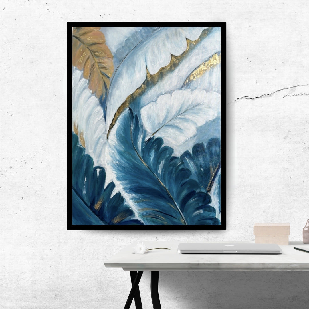 Blue Canopy of Dreams – abstract botanical painting with blue and gold leaves by Hitika Puri
