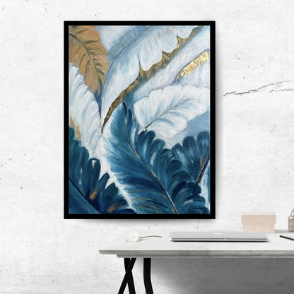 Blue Canopy of Dreams – abstract botanical painting with blue and gold leaves by Hitika Puri