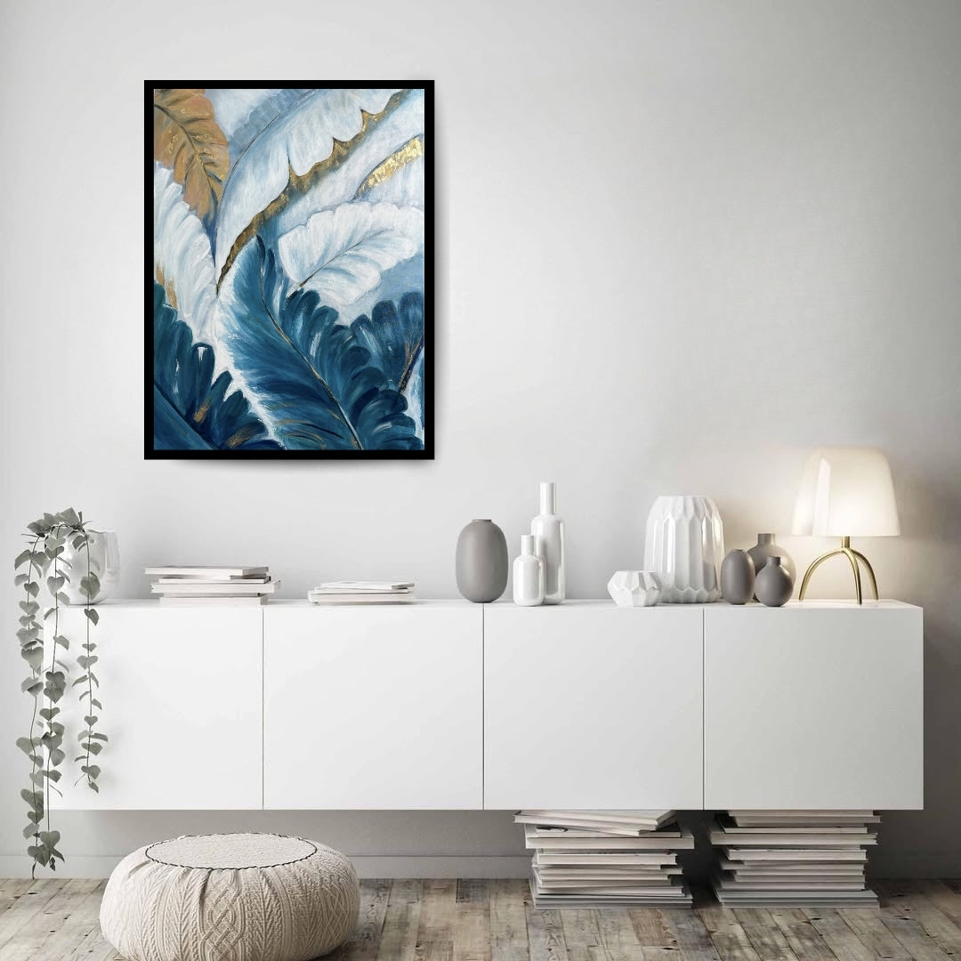 Original hand-painted artwork by Hitika Puri - Artistic depiction of leaves with gold accents on a blue and white background