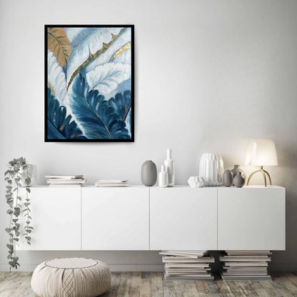 Original hand-painted artwork by Hitika Puri - Artistic depiction of leaves with gold accents on a blue and white background