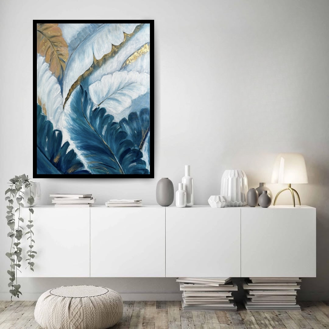 Blue Canopy of Dreams – abstract botanical painting with blue and gold leaves by Hitika Puri