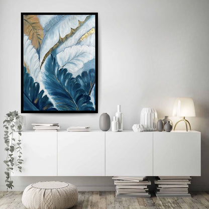 Blue Canopy of Dreams – abstract botanical painting with blue and gold leaves by Hitika Puri