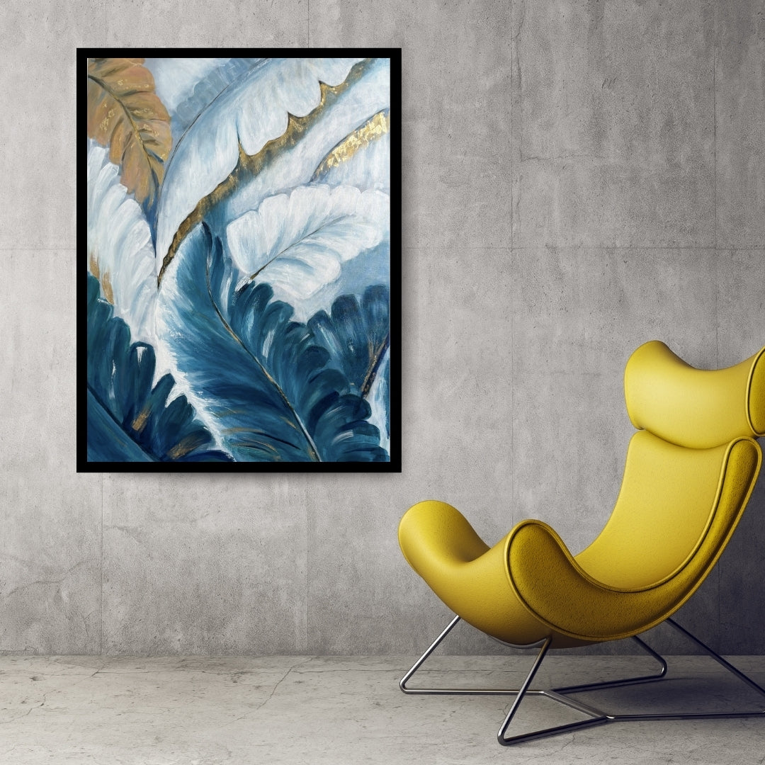 Blue Canopy of Dreams – abstract botanical painting with blue and gold leaves by Hitika Puri