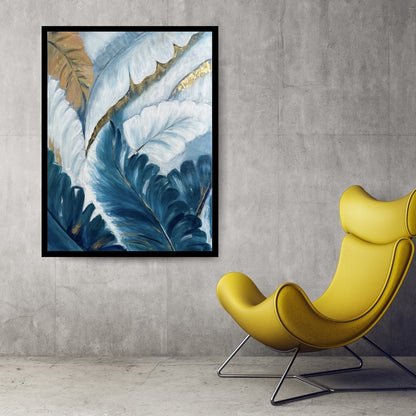 Blue Canopy of Dreams – abstract botanical painting with blue and gold leaves by Hitika Puri