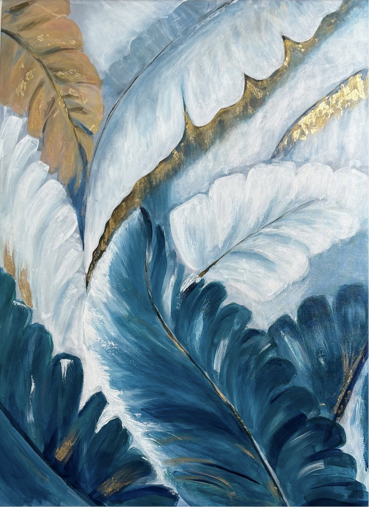 Blue Canopy of Dreams – abstract botanical painting with blue and gold leaves by Hitika Puri