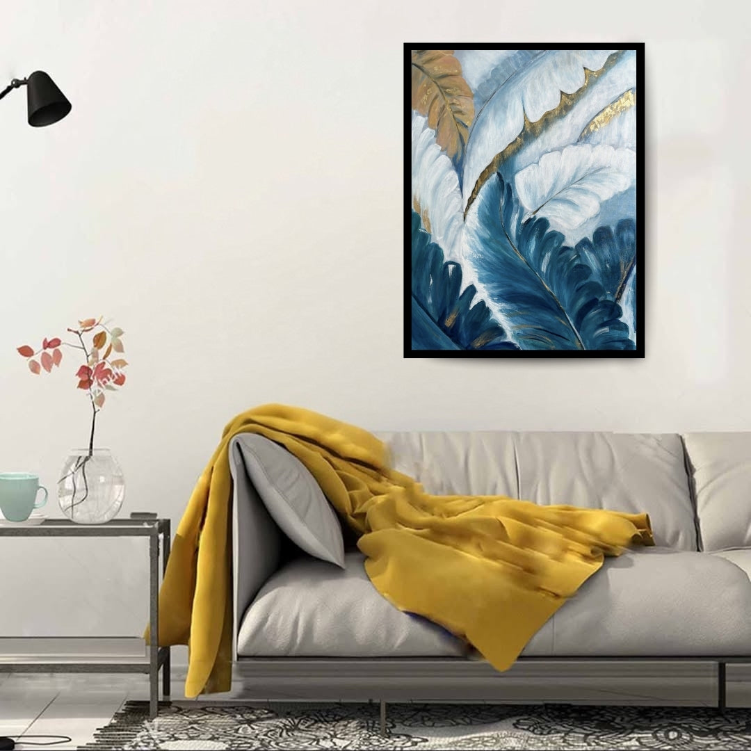 Original hand-painted artwork by Hitika Puri - Artistic depiction of leaves with gold accents on a blue and white background