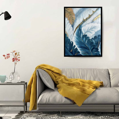 Original hand-painted artwork by Hitika Puri - Artistic depiction of leaves with gold accents on a blue and white background