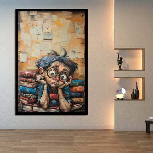 Bookish Reflections – playful painting of a wide-eyed boy with glasses, leaning on books with floating text pages, pop art style from ArtixHub