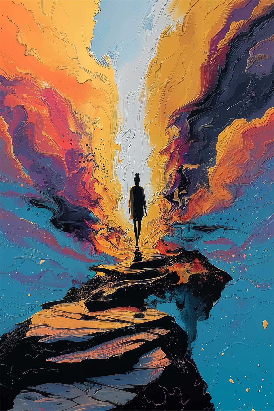 Breakthrough – abstract surreal painting of a solitary figure standing at the edge of a path surrounded by flowing color, by ArtixHub