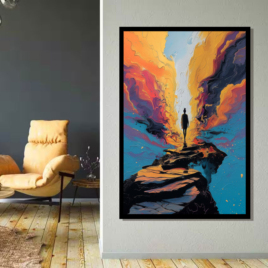 Breakthrough – abstract surreal painting of a solitary figure standing at the edge of a path surrounded by flowing color, by ArtixHub