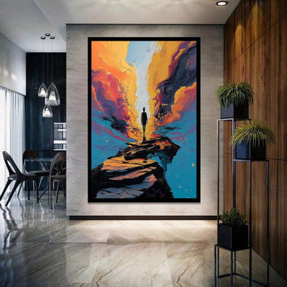 Breakthrough – abstract surreal painting of a solitary figure standing at the edge of a path surrounded by flowing color, by ArtixHub