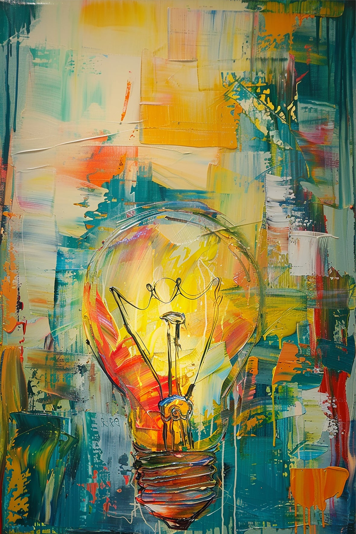 Burst of Creation – abstract painting of a lightbulb on a colorful pop art background with dripping textures and vibrant energy, available on ArtixHub