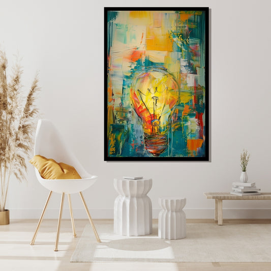 Burst of Creation – abstract painting of a lightbulb on a colorful pop art background with dripping textures and vibrant energy, available on ArtixHub