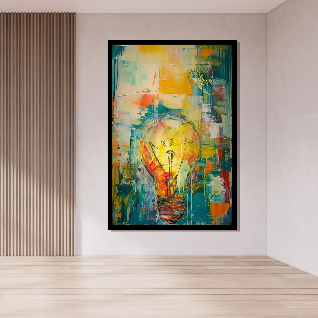 Burst of Creation – abstract painting of a lightbulb on a colorful pop art background with dripping textures and vibrant energy, available on ArtixHub