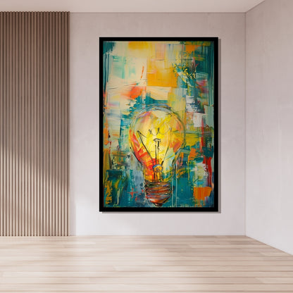 Burst of Creation – abstract painting of a lightbulb on a colorful pop art background with dripping textures and vibrant energy, available on ArtixHub