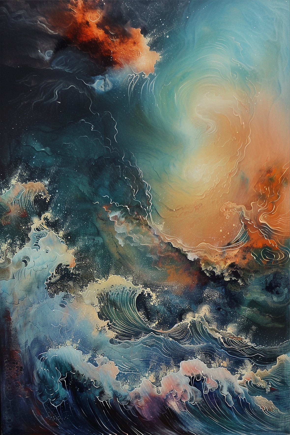 Celestial Currents – surreal abstract painting of swirling ocean waves merging with galactic sky and cosmic light, available on ArtixHub