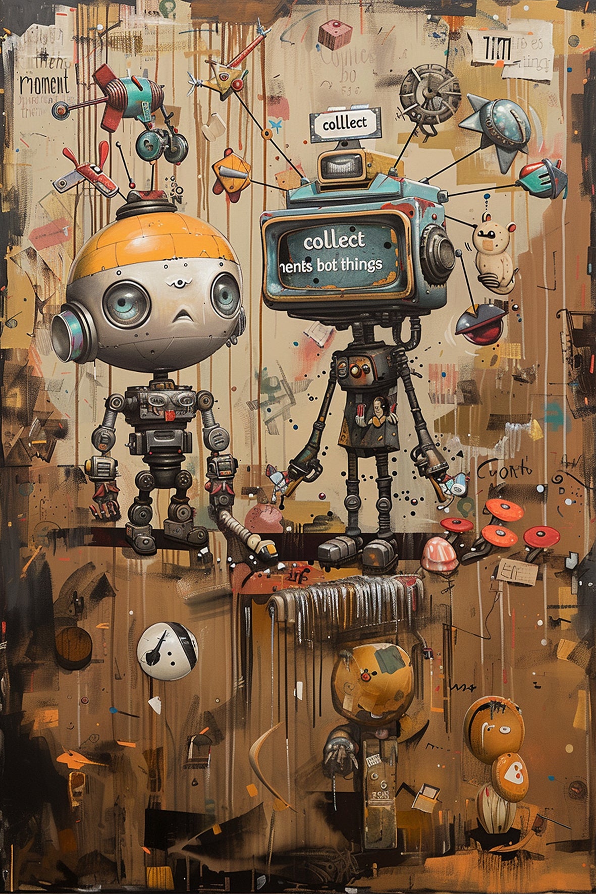 Chronicles of a Curious Bot – surreal pop art painting of quirky robots exploring a cluttered space, featuring vintage tech, playful expressions, and mechanical parts - ArtixHub