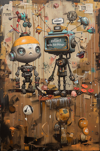Chronicles of a Curious Bot – surreal pop art painting of quirky robots exploring a cluttered space, featuring vintage tech, playful expressions, and mechanical parts - ArtixHub