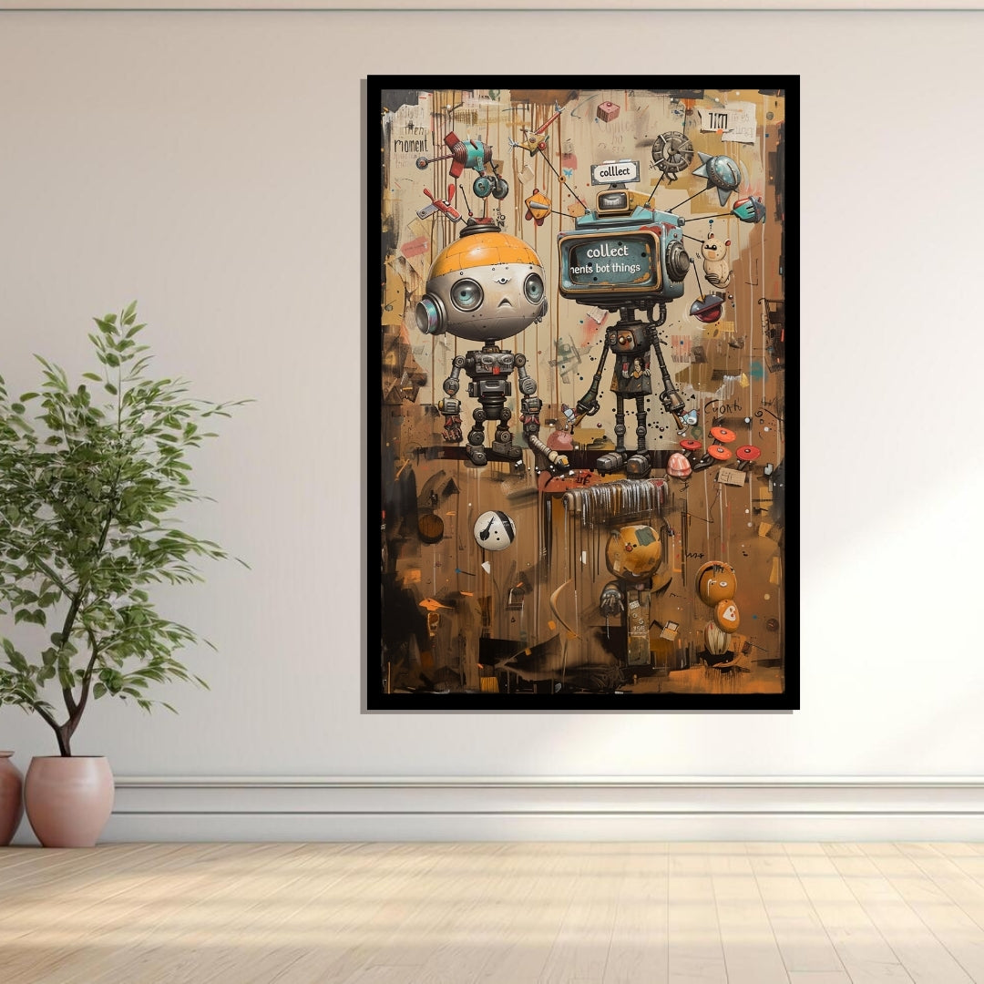 Chronicles of a Curious Bot – surreal pop art painting of quirky robots exploring a cluttered space, featuring vintage tech, playful expressions, and mechanical parts - ArtixHub