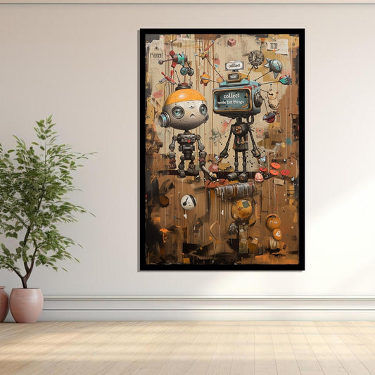 Chronicles of a Curious Bot – surreal pop art painting of quirky robots exploring a cluttered space, featuring vintage tech, playful expressions, and mechanical parts - ArtixHub
