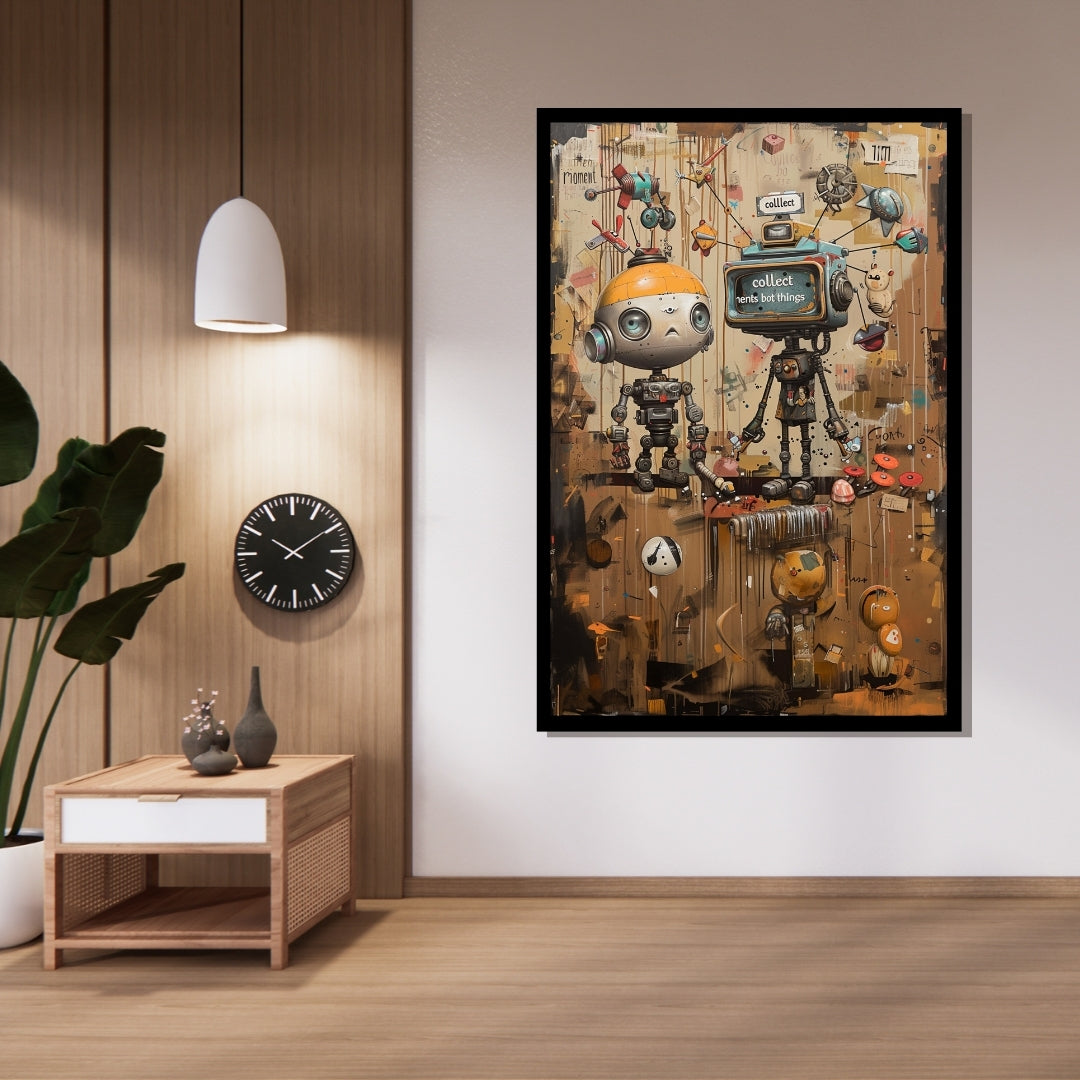Chronicles of a Curious Bot – surreal pop art painting of quirky robots exploring a cluttered space, featuring vintage tech, playful expressions, and mechanical parts - ArtixHub