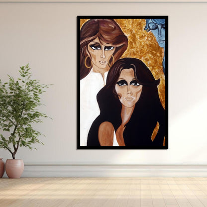 Illustration of two women with stylized hair and makeup against a gold background. Cici Tommaseo’s Fairuz – stylized figurative portrait of Lebanese singer Fairuz in vintage tones with textured gold backdrop by Mira Ayyash.