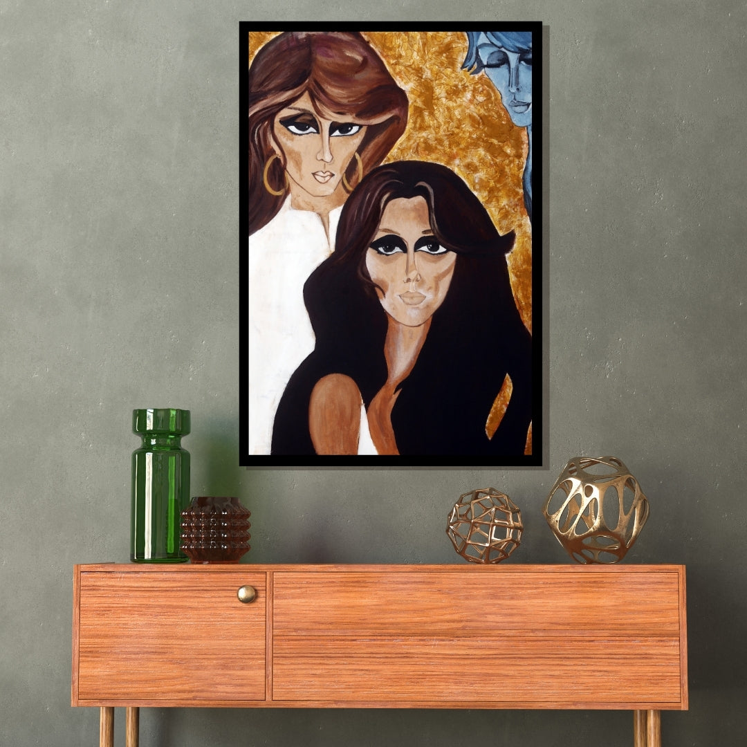 Illustration of two women with stylized hair and makeup against a gold background. Cici Tommaseo’s Fairuz – stylized figurative portrait of Lebanese singer Fairuz in vintage tones with textured gold backdrop by Mira Ayyash.
