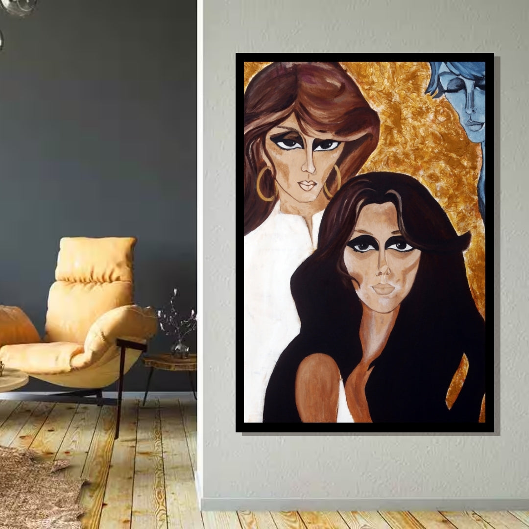 Illustration of two women with stylized hair and makeup against a gold background. Cici Tommaseo’s Fairuz – stylized figurative portrait of Lebanese singer Fairuz in vintage tones with textured gold backdrop by Mira Ayyash.