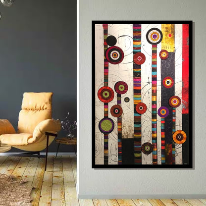 Circle Symphony – abstract painting with vertical striped bars and multicolored circular shapes on white background, available at ArtixHub