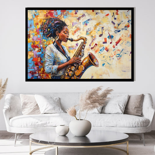 Colorful artwork of a person playing a saxophone with musical notes in the background. Color Me Jazz – Expressionist saxophone painting of a woman with vibrant notes by Amina Diallo