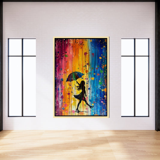 Colorfall – pop art painting of a girl holding an umbrella walking through colorful dripping rain, available on ArtixHub
