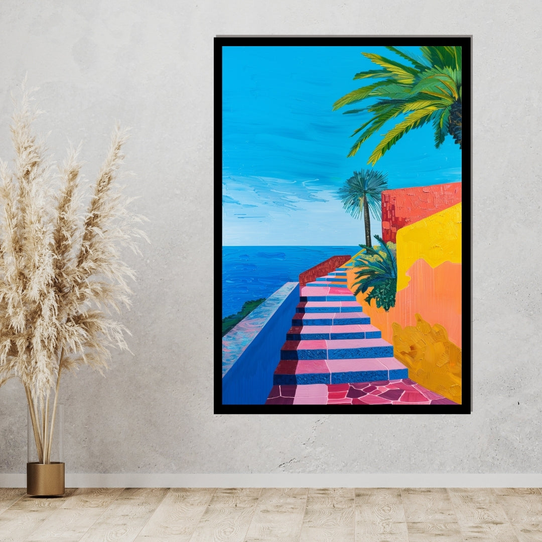 Colorful Climb – vibrant painting of tropical stairs leading to the sea with palm trees and bright architectural walls, available on ArtixHub