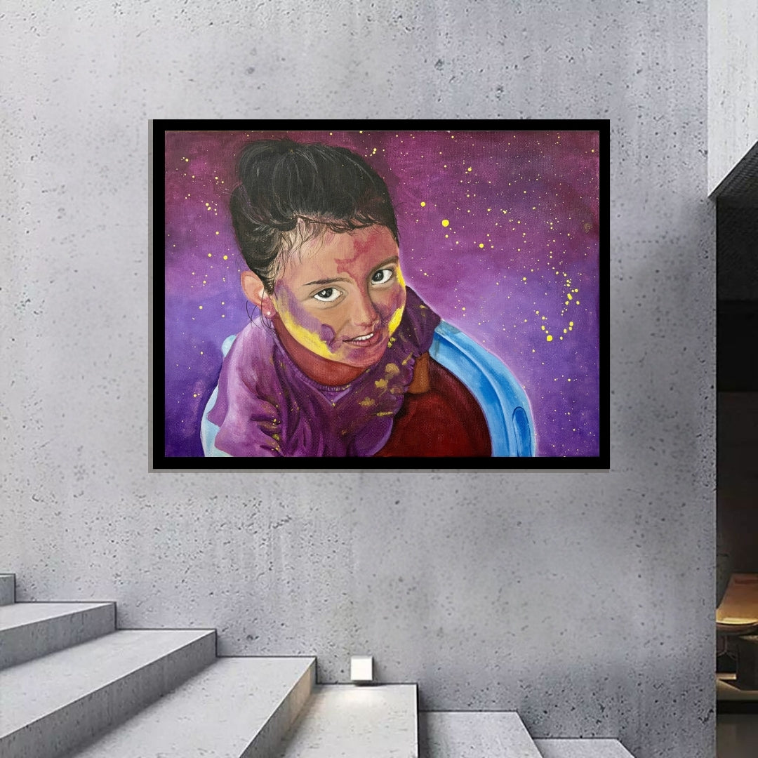 Artistic depiction of a person with a purple scarf against a starry purple background. Colors of Innocence – figurative portrait of a child with vibrant purple and yellow tones by Hitika Puri