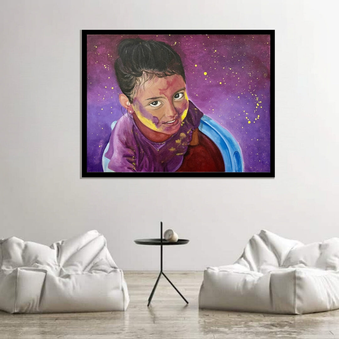 Artistic depiction of a person with a purple scarf against a starry purple background. Colors of Innocence – figurative portrait of a child with vibrant purple and yellow tones by Hitika Puri