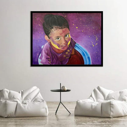 Artistic depiction of a person with a purple scarf against a starry purple background. Colors of Innocence – figurative portrait of a child with vibrant purple and yellow tones by Hitika Puri