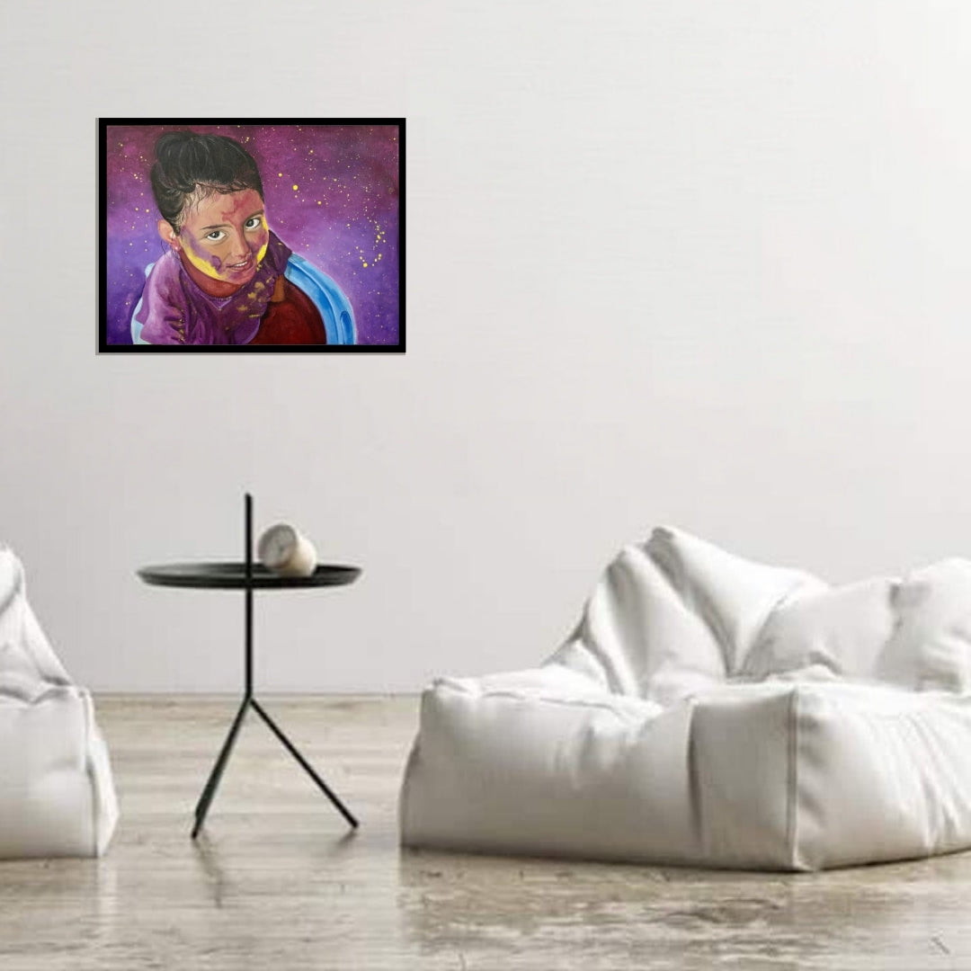 Original hand-painted artwork by Hitika Puri - Artistic depiction of a person with a purple scarf against a starry purple background