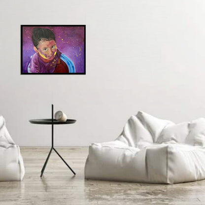 Original hand-painted artwork by Hitika Puri - Artistic depiction of a person with a purple scarf against a starry purple background