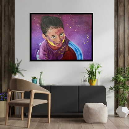 Artistic depiction of a person with a purple scarf against a starry purple background. Colors of Innocence – figurative portrait of a child with vibrant purple and yellow tones by Hitika Puri