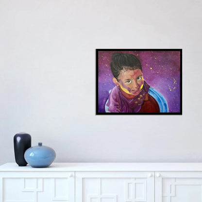 Original hand-painted artwork by Hitika Puri - Artistic depiction of a person with a purple scarf against a starry purple background